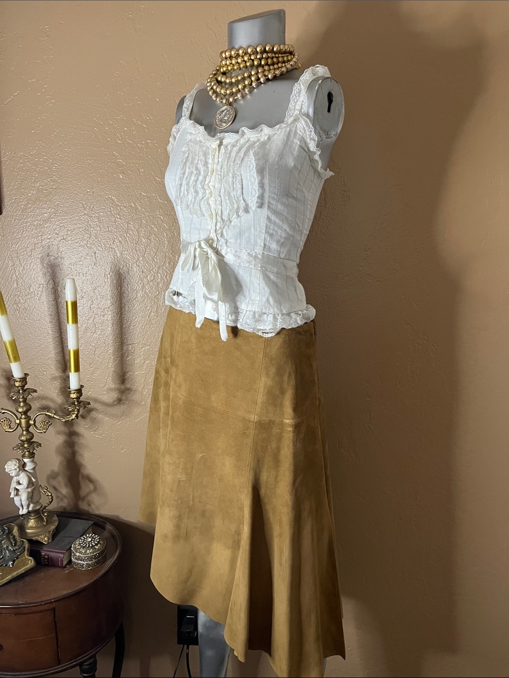 Vintage Armani Exchange Y2K Camel Tan Suede Asymmetrical Skirt.  SZ 2